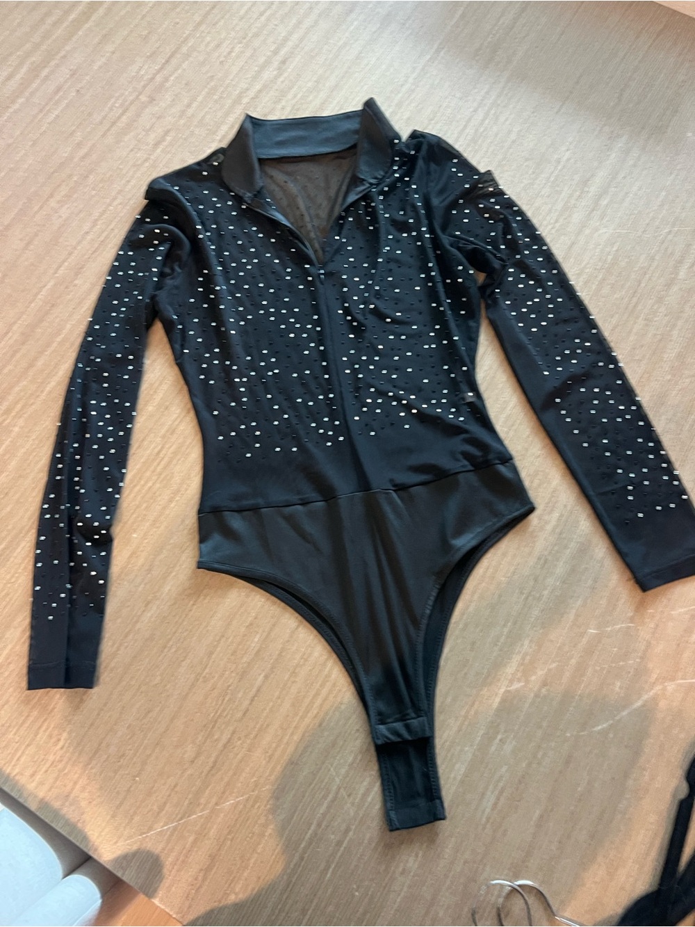 Black Long-Sleeve Rhinestone One-Piece Bodysuit